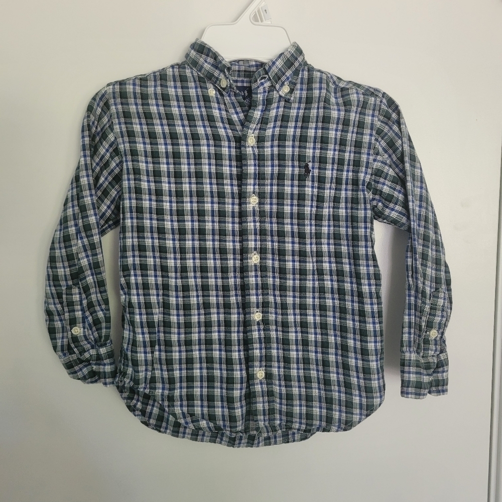 Polo Ralph Lauren‎ 100% Cotton Long Sleeve Button Down Boys 5 Plaid Blue Green